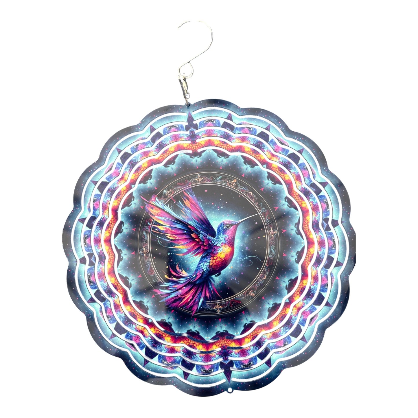 A scalloped circular acrylic wind spinner featuring a vibrant hummingbird illustration surrounded by glowing neon-like concentric rings of blue, purple, pink, and orange on a white background.