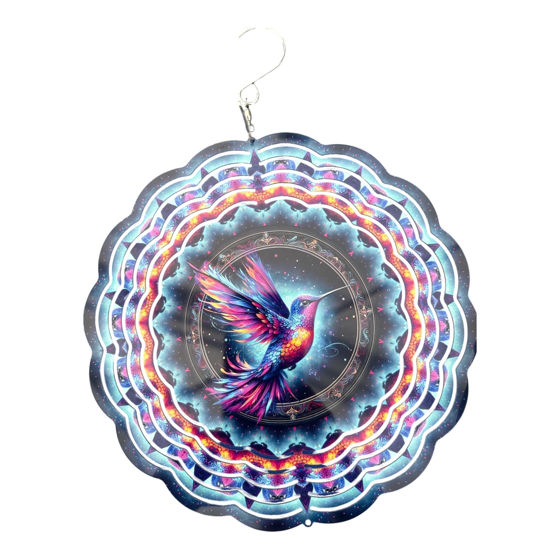 A scalloped circular acrylic wind spinner featuring a vibrant hummingbird illustration surrounded by glowing neon-like concentric rings of blue, purple, pink, and orange on a white background.