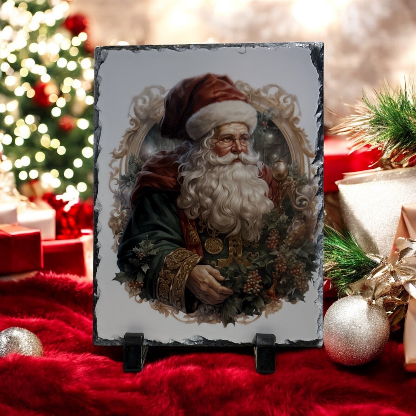 A rectangular slate art print featuring a detailed portrait of Santa Claus surrounded by holiday wreaths, displayed on a small black easel stand. The print is set against a festive Christmas background with a blurred tree, red wrapping paper, ornaments, and gift boxes.